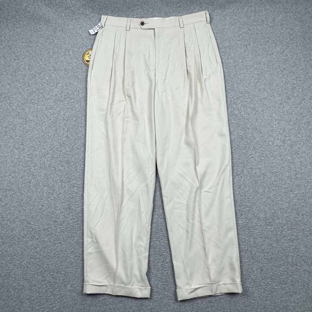 Jos A Bank VIP Pants Mens 34x29 Ivory Pleated Silk Trousers Cuffed Hem MSRP $165